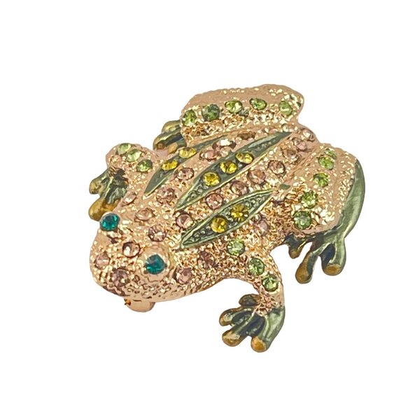 Vintage Rhinestone-Encrusted Frog Brooch Pin With Green & Yellow Crystals - Picture 1 of 8